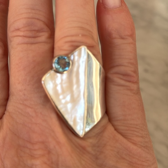 Sterling Abalone Shell and Blue Topaz Ring - Picture 3 of 6